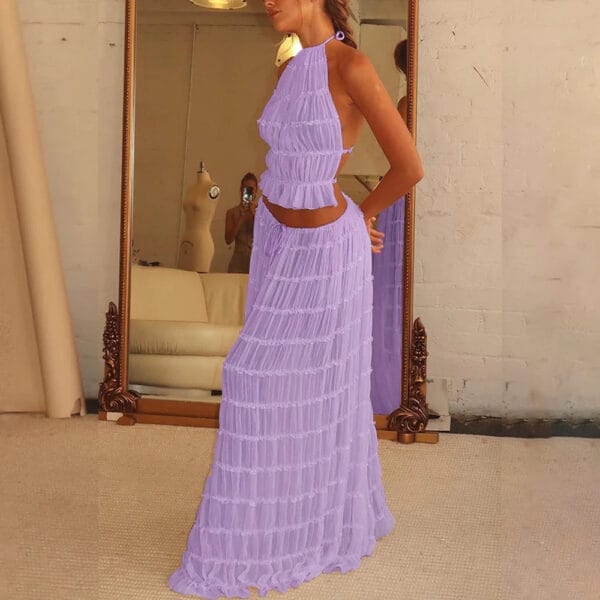 2pcs Women's Dress Suit Sexy Sleeveless Backless Cropped Halter Top And Pleated Long Skirt Beach Clothing – Image 10