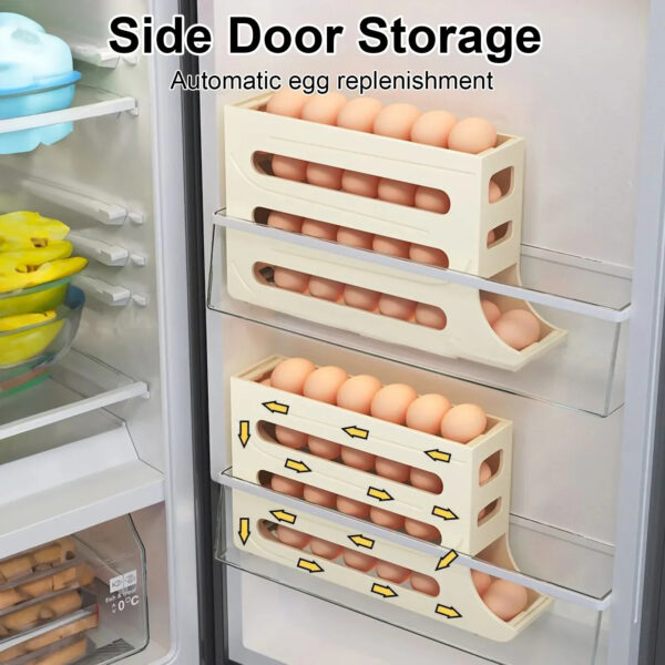 Refrigerator 4-Layer Automatic Egg Roller Sliding Egg Tray Refrigerator Side Door Large Capacity Holder Egg Storage Box Kitchen Gadgets – Image 3