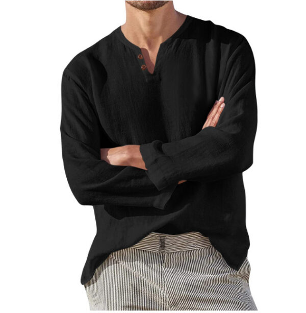 Cotton Linen Men's Long Sleeve V-neck Casual Beach Linen Shirt Fashion Leisure Men's Clothing Casual And Breathable Shirt – Image 4