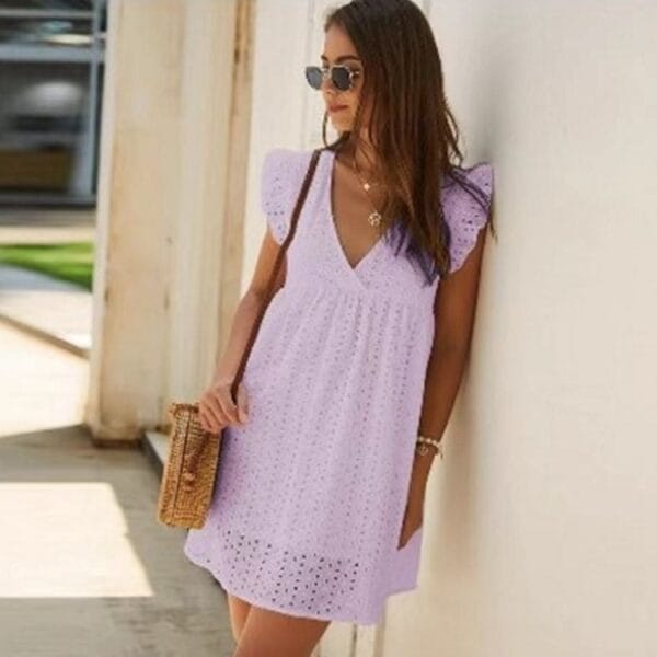 Summer V-neck Cotton Short Skirt Solid Color Dress – Image 7