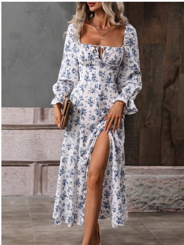 Flowers Printing Long Sleeve Dress Fashion Square-neck Bottom Slit Dresses Womens  Clothing – Image 7