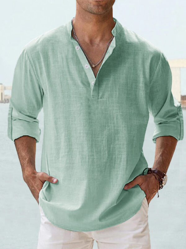 Men's Linen Stand-up Collar Long Sleeve T-shirt Loose Undershirt – Image 9
