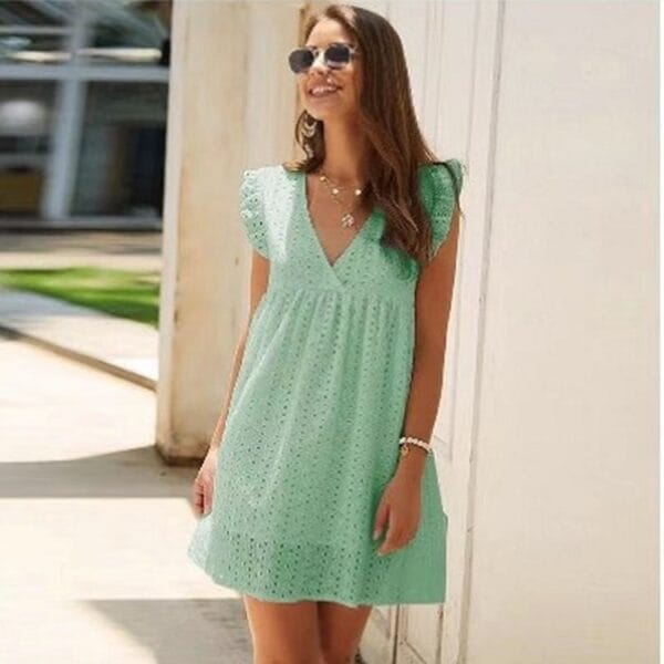 Summer V-neck Cotton Short Skirt Solid Color Dress – Image 6