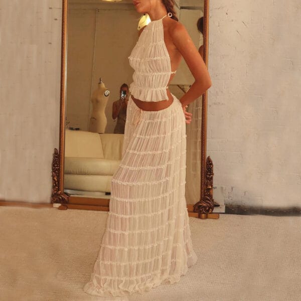 2pcs Women's Dress Suit Sexy Sleeveless Backless Cropped Halter Top And Pleated Long Skirt Beach Clothing – Image 5