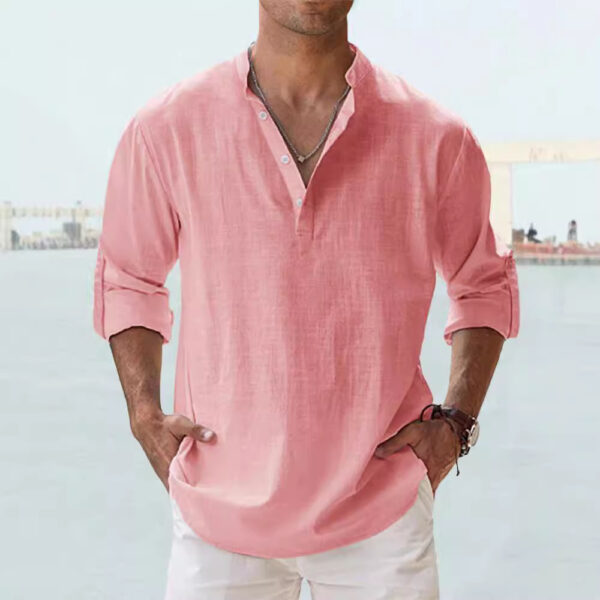 Men's Linen Stand-up Collar Long Sleeve T-shirt Loose Undershirt – Image 4