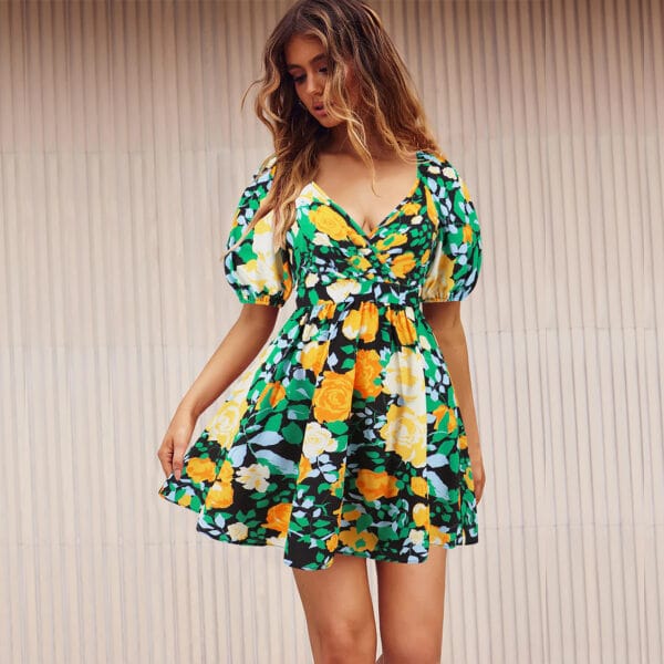 Flowers Print V-Neck Lantern-sleeve Dress Y2K Summer Vacation Beach Short Dresses Fashion Womens Clothing – Image 4