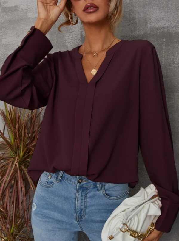 Solid Notched Buttoned Cuff Blouse,Long Sleeve Tops – Image 3