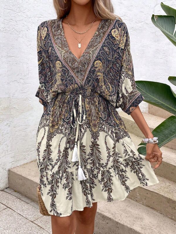 Paisley Print Batwing Sleeve Tassel Tie Front Ruffle Hem Dress – Image 2