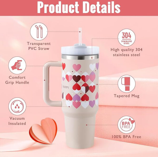 40 Oz Tumbler With Handle Straw Insulated, Stainless Steel Spill Proof Vacuum Coffee Cup Tumbler With Lid Tapered Mug Gifts For Valentine Lover Suitable For Car Gym Office Travel – Image 4