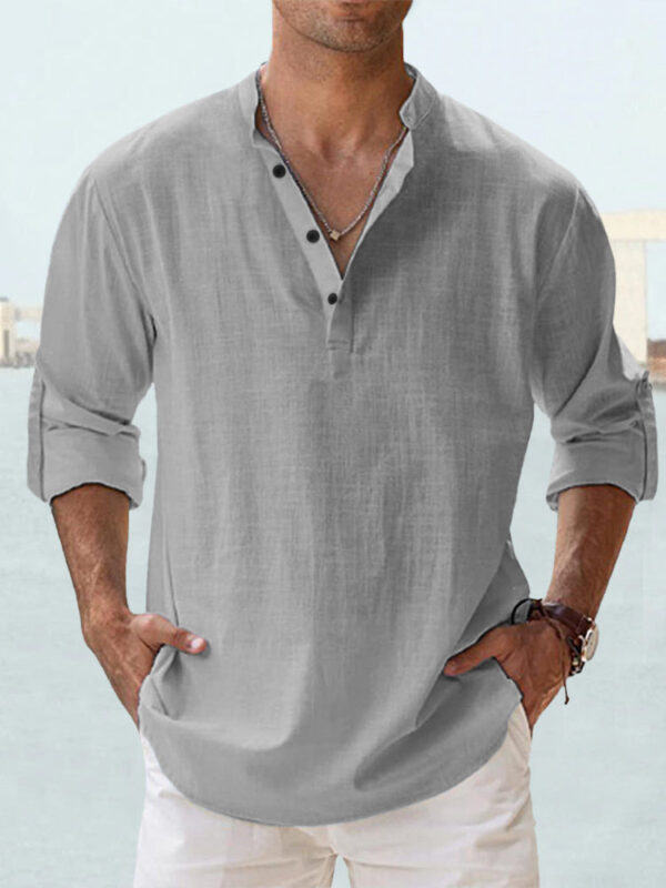 Men's Linen Stand-up Collar Long Sleeve T-shirt Loose Undershirt – Image 8
