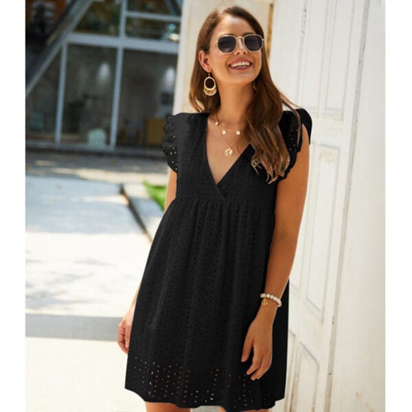 Summer V-neck Cotton Short Skirt Solid Color Dress – Image 8