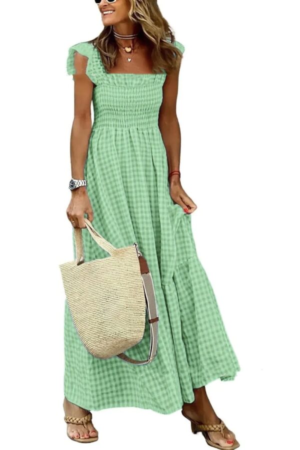 Summer Plaid Print Pleated Ruffle Dress INS Fashion Sleeveless A-line Swing Beach Dress Women's Clothing – Image 8